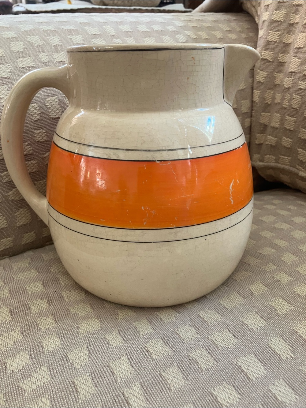 Antique Roseville Pottery creamware Ceramic Pitcher with Bright Orange Band